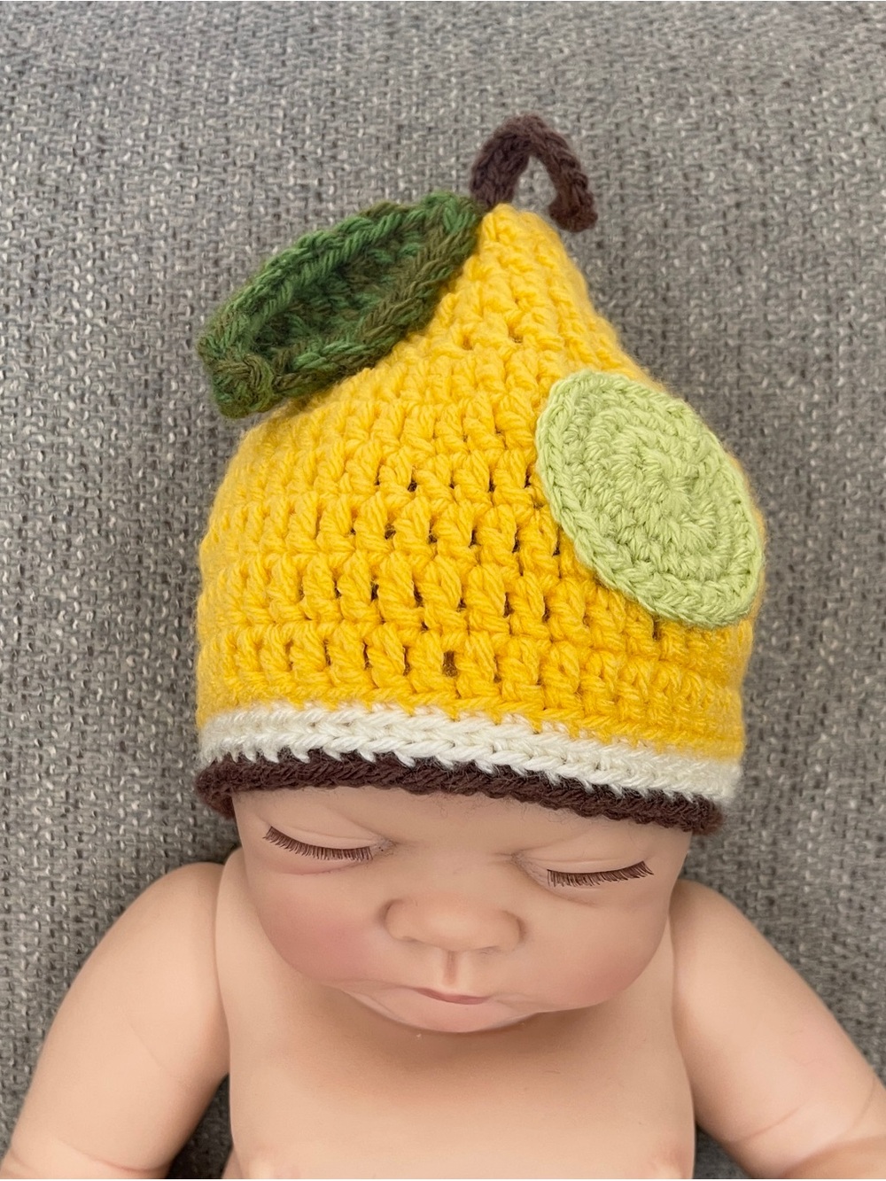 Handmade Yellow Crochet Pear Baby Hat with Leaf Accent - Picture 6 of 6